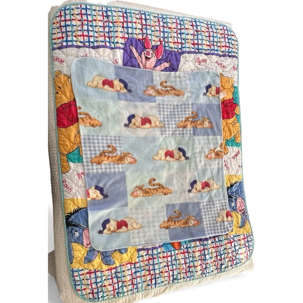 2 Vtg 1995 Disney Winnie The Pooh Baby Crib‎ Blanket Nursery Quilt Fleece USA